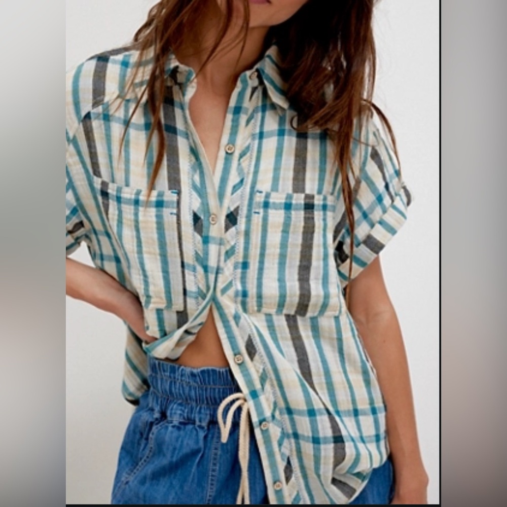 We The Free Firefly Madras Top Medium in Micha Plaid & Ivory